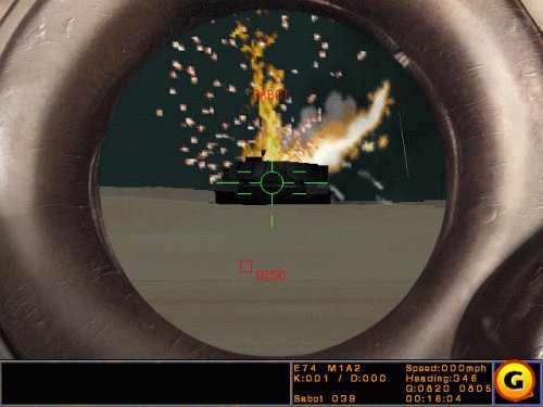 In-game screenshot from the gunner's scope, showing an enemy tank exploding after being hit.