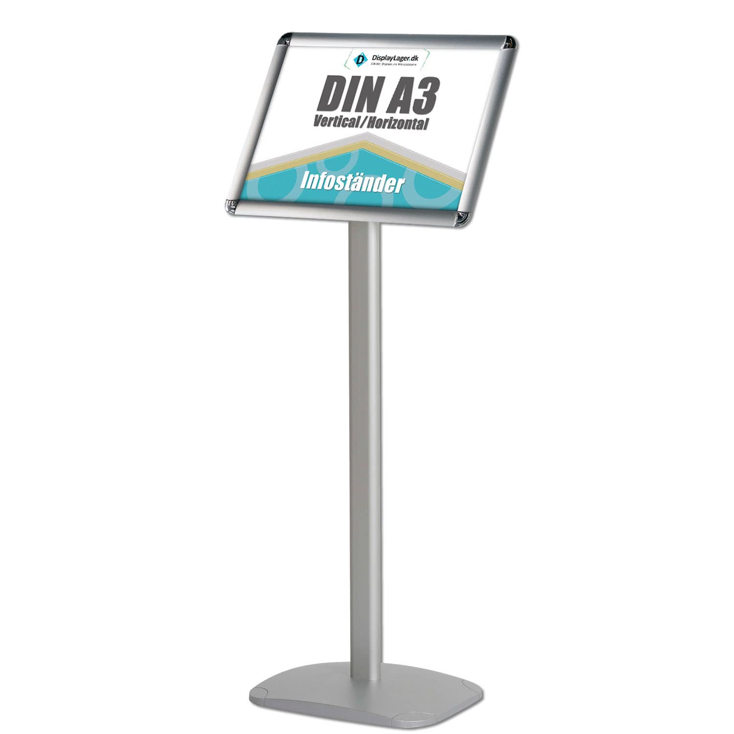 DisplayLager - EXPO Infoständer für Plakaten. Hochwertig design mit super funktionalität. Informationsständer in Rostfreie Alu Fußplatte. Infohalter für Quer/Hochformat Einsatz (A3)