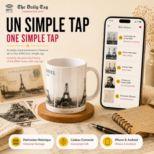 The Daily Tag DailyTag Mug Connecté NFC Tour Eiffel, Céramique Blanche, 325 ml, Technologie NFC, Sans Application, Thème Paris et Histoire – vue 2