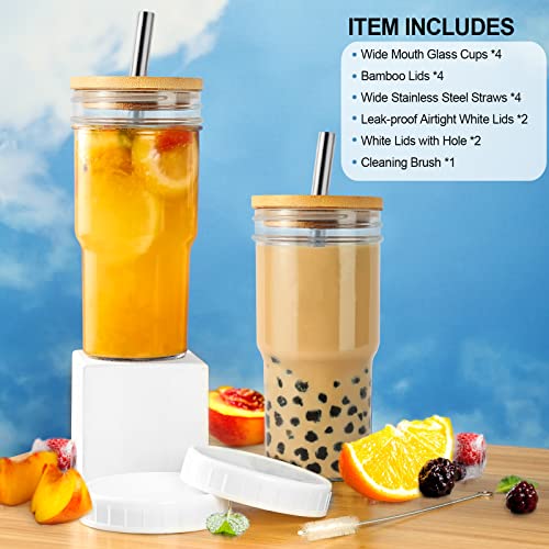 Xeiwagoo Reusable Boba Cup Smoothie Tumbler Glass Bubble Tea Cup, 4 Pack Wide Mouth 22Oz Iced Coffee Glasse Cup With Bamboo Lid And Straw, Mason Jar Cup Drinking Glasses Tumbler (Silver Straw, 4) #TOP1