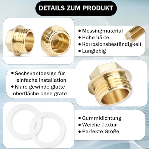 CONJURAIDE 2 Stück Blindstopfen 1/2 Zoll, Messingkappe Blindstopfen Wasserleitung Stopfen 1/2 Zoll Verschlusskappe mit Dichtung Rohrkappe Rohrstopfen Rohrverschlussstopfen für Garten Wasserrohr