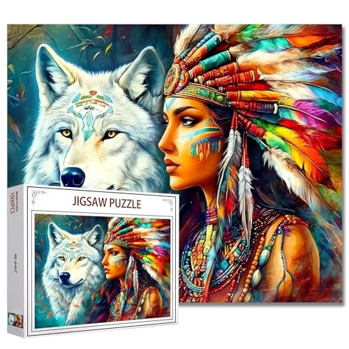 African American Woman and Wolf Jigsaw Puzzles 1000 Pieces for Adults, Colorful Dreamcatcher Headdress 20''x27''Inch Beautiful Native American Portrait Puzzle Art Colorful Native American Artwork