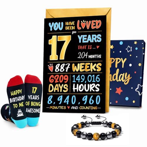 HAPPYPOP 17 Year Old Boy Gifts - Socks 17th Birthday Gift Ideas, Birthday Gift Card Tiger Eye Bracelet Set for Son Nephew