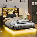 Bonnlo 3ft Single Bed Frame with Upholstered Storage Headboard/Charging Station/LED Lights, Floating Metal Bed Frame-Under Bed Storage/Mattress Foundation/Duty Metal Slats/No Box Spring Needed,90x190