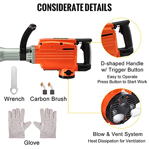 Vevor Demolition Jack Hammer 2200W Jack Hammer Concrete Breaker 1400 Rpm Heavy Duty Electric Jackhammer 4 Chisel Bit W/Gloves & 360°Swiveling Front Handle For Trenching, Chipping, Breaking Holes #TOP4