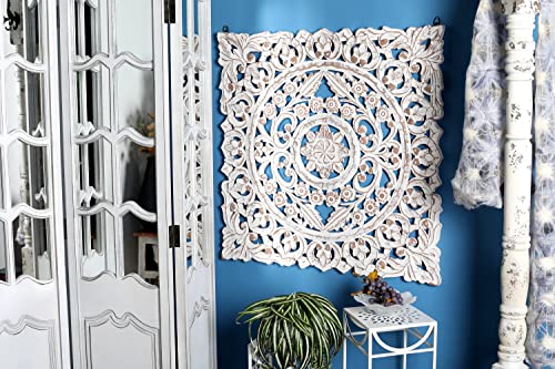 Deco 79 Wood Floral Handmade Intricately Carved Wall Decor with Mandala Design, 36" x 2" x 36", White - Image 3