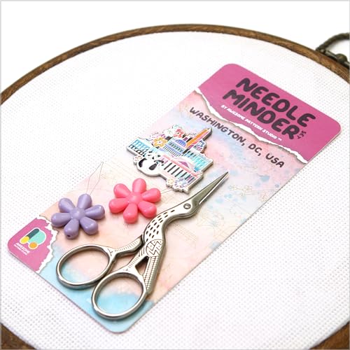 Image of Awesome Pattern Studio Needle Minder Set - Washington Magnetic Needle Minder + 2 Needle Threaders + Crane Scissors. Enamel Pin for Cross Stitch, Embroidery and Craft