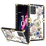 Nuouxoco for T-Mobile Revvl 6 Pro 5G Case Gold Squared Corner Luxury Elegant Classic Retro Soft TPU Protective Cover with Ring Grip Kickstand for T-Mobile Revvl 6X Pro Phone Case - White Flower
