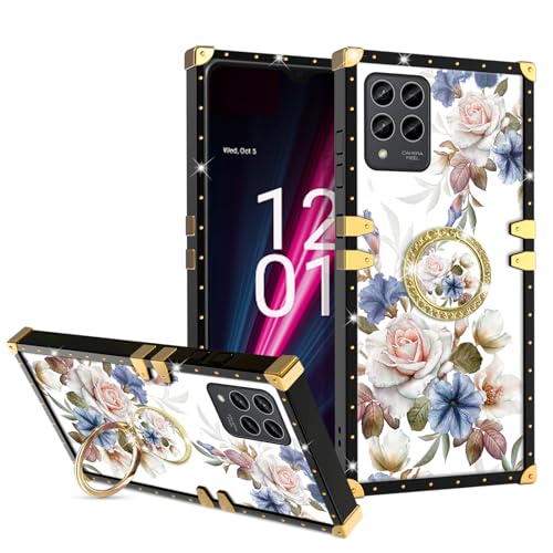 Nuouxoco for T-Mobile Revvl 6 Pro 5G Case Gold Squared Corner Luxury Elegant Classic Retro Soft TPU Protective Cover with Ring Grip Kickstand for T-Mobile Revvl 6X Pro Phone Case - White Flower