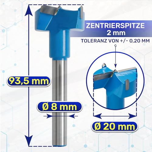 Forstnerbohrer Ø 20 mm mit Schaft 93,5 x Ø 8 mm - Holzbohrer aus Hochfestem Stahl 88 HRC mit Hartmetallschneiden - MONTERAL