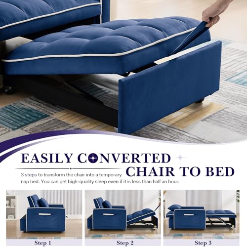 Antetek Convertible Sleeper Chair Bed, 3 in 1 Modern Velvet Pull Out Sofa Bed, Small Tufted Single Sleeper Chair with Adjustable Backrest/Pillow for Living Room, Small Spaces, Apartment, Office, Blue