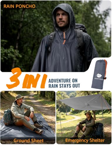 Image of ANYOO Hooded Rain Poncho for Adults Waterproof Lightweight Rain Coat for Men Women Reusable Rain Jacket for Emergency Outdoor