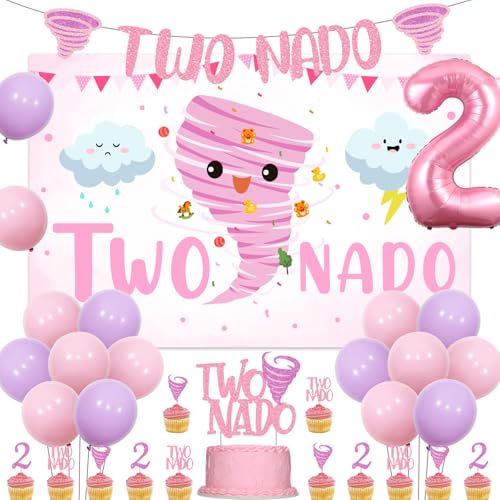 Two Nado Birthday Party Decorations for Girls, Tornado 2nd Birthday Party Decor with Two Nado Backdrop Banner Cake Topper, Number 2 Balloon, Baby Girl 2 Year Old Birthday Supplies by Sursurprise - Used condition - US$16.21