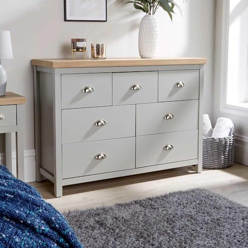 Image of Home Source Wide Chest of Drawers Clothing Storage Unit, 7 Drawers, Grey, Sonoma Oak Effect