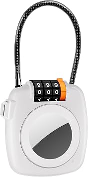 Combination Lock with AirTag Holder,Alloy Body Cable Lock with AirTag Case,Anti Lost AirTag Secure Holder Lock,Resettable Code AirTag Protective Case Lock for Luggage Bags Gym LockerWhite