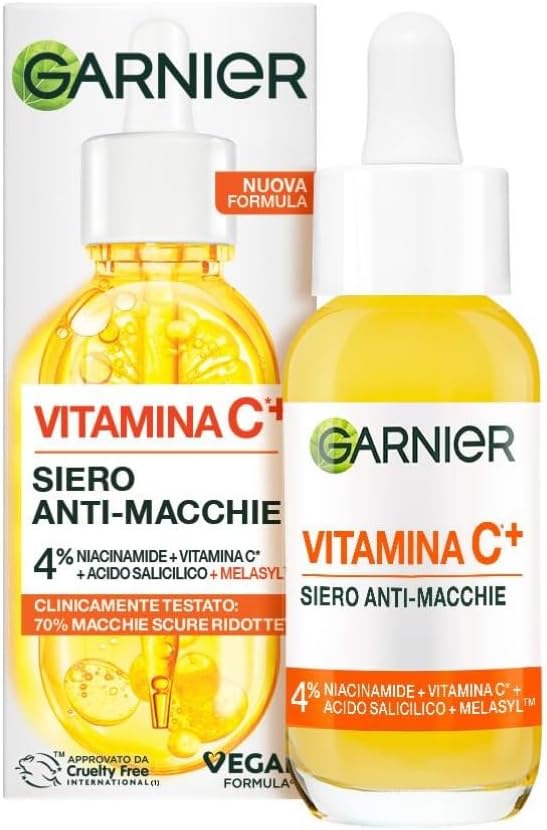 Garnier Siero Viso Vitamina C Anti-Macchie, Illuminante e Rimpolpante, Arricchito con Vitamina C, Niacinamide e Acido Salicilico, Pelle Libera dalle Macchie Scure in 6 Giorni, Incarnato Luminoso, 30ml