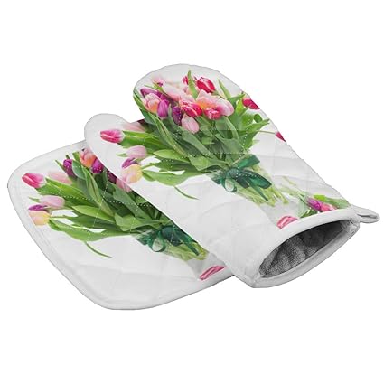 Bouquet Insulation Gloves and Pot Holders Polyester Heavy Duty Cooking Gloves for Cooking Baking Grilling Pot Holders Sets 2 PCS Pink Purple Tulip Floral Flowers in Glass Bottle