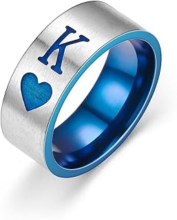 King & Queen Couple Matching Band Ring for Women Men Blue Stainless Steel Promise Love Heart Engagement Wedding Ring Comfort Fit Finger Anniversary Valentine's Day Birthday Eternity Gift