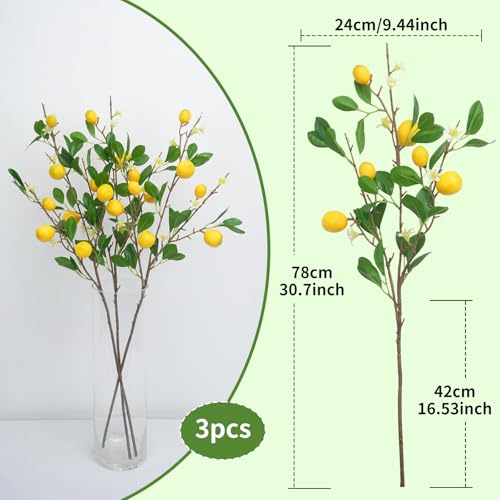 Zythrem 3pc Künstliche Zitronenzweig mit Grünen Blättern Künstliche Blumen Kunstblumen wie echt Zitronenfrüchten für Zuhause Küch Tischdekoration Hochzeit Party Gartendekoration