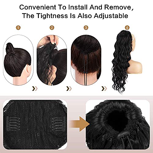 Long Wavy Drawstring Ponytail 24" Clip In Ponytail Extensions Black Wrap Around Ponytail Synthetic Hairpiece For Black Women (1B) #TOP6