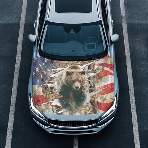 Image of Car Hood Cover Stretchable Car Hood Wrap Blankets Vehicles Banner Bear American Flag Print Auto Decorations for Compact Sedans SUV Trucks (59x39 Inch)