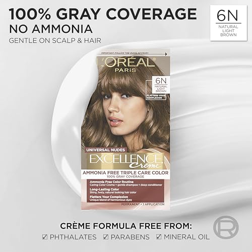 Image of L'Oreal Paris Excellence Universal Nudes Permanent Hair Color, Ammonia Free Hair Dye for Gray Hair Coverage, 6N Natural Light Brown, 1 Kit (Pack of 2)