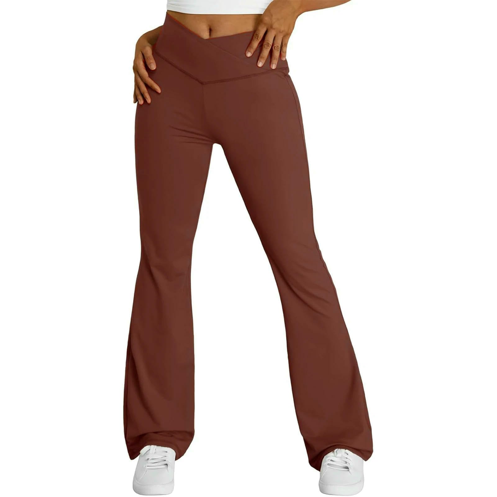 Legginsy dla kobiet UK damskie spodnie do jogi Crossover Tummy Control wysoki stan Flare Bootcut spodnie coffee-L