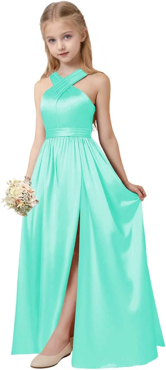 Junior Girls Bridesmaid Halter jr Bridesmaid Dresses for Teens Split Satin Flower Girl Formal Gown for Wedding