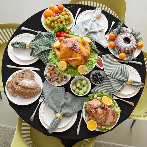 Image of 16 Pack Black Plastic Tablecloth for Round Tables, Premium Decorative Black Disposable Table Cloths for Parties, Bulk Round Party Table Cover for Birthday Wedding Anniversary Graduation, 84 Inch