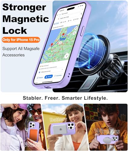 Image of BossKiss Compatible with iPhone 15 Pro Case, [Compatible with Magsafe] [Screen+Camera Protector] Magnetic Translucent Matte Women Men Girl Protective Cover for iPhone 15 Pro 6.1 inch, Light Purple