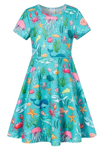 RAISEVERN Little Girl Dress Shark Octopus Turtle Ocean Casual Sundress Short Sleeve Kids Summer Swing Twirly Midi Dresses 5 Years Old