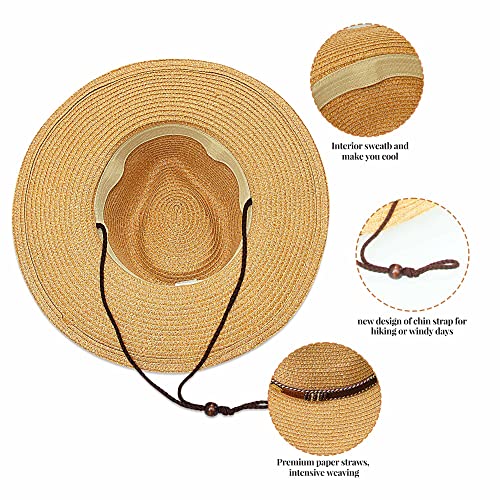 Straw Cowboy Sun Hat For Women And Men, Wide Brim Summer Beach Belt Cowgirl Hats Roll Up Garden Hat With Wind Lanyard Upf 50+ Khaki #TOP3
