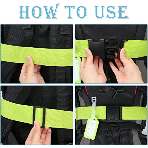 Image of 2pcs Adjustable Luggage Straps and 2pcs Travel Suitcase Tags Identifiers, Reusable Over Handle Luggage Strap Set Travel Belt for Airport Traveling Business Trip (Green)