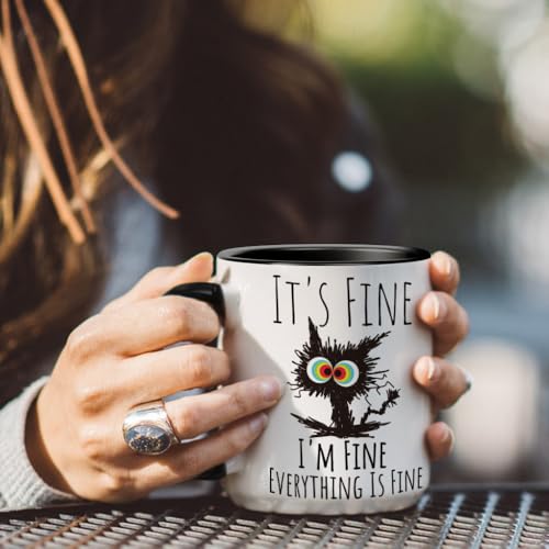 FALJIOK I'm Fine Everything is Fine Coffee Mug 11oz Funny Sarcastic Cat Mug Gifts for Cats Lover Novelty Coffee Mug Gifts for Cat Lover Women Mother's Day Gift for Cats Mom