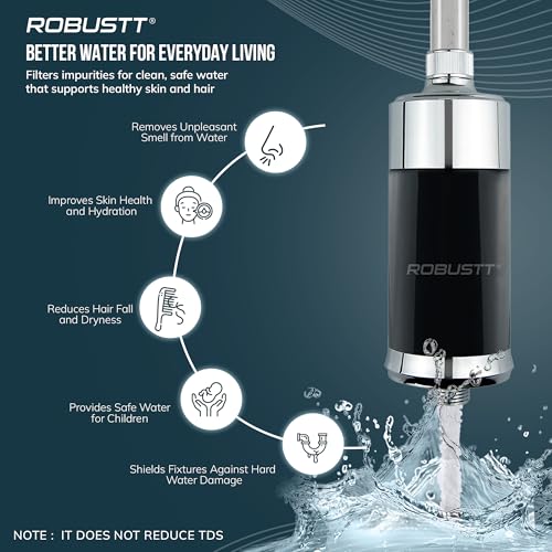 Image of Robustt Vassa 15 Stage Shower /Tap Filter & Water Softener for Home (Black) | Reduces Hair Fall, Skin Dryness & Limescale| Hard Water Filter For Tap, Shower, Handshower| Includes Kit & Manual