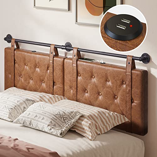 Greenstell Wall Mount Headboard With Usb For King Size Bed, Pu Leather Headboard Only, Industrial Pipe Modern Style, Brown Hanging Head Boards, Durable, Comfortable, Button Upholstered For Bedroom #TOP13