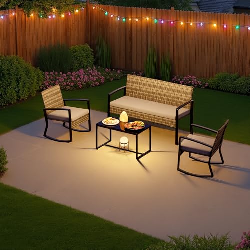 Image of Ahomly 4 Piece Outdoor Furniture Set with Rocking Chairs, Light Grey