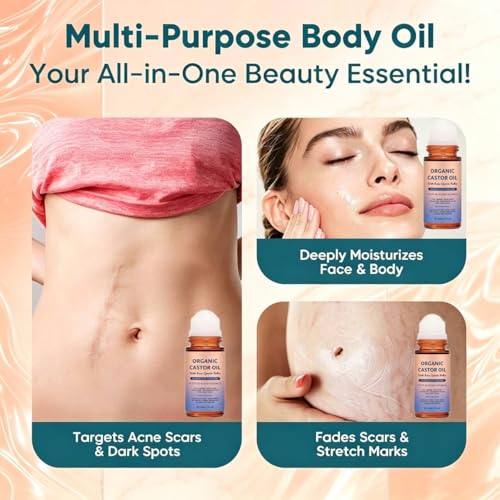 Jianeil Organic Castor Oil with Rose Quartz Roller, 100% Pure Cold-Pressed, Organic Castor Oil Roll On Rose Quartz, Hexane-Free,Amber Glass Bottle for Skin 1.7oz (1 PCS)