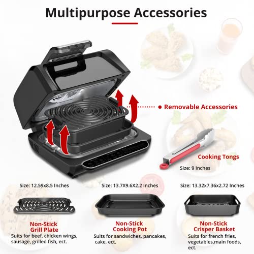 Indoor Grill Combo with See-Through Window, 7-in-1 Versatile, use Opened or Closed, Air Fry, Dehydrate & More, Pro Power Grate, Flat Top Griddle, 4Qt