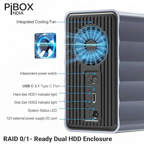 Image of PiBOX India Dual 2 Bay 3.5 /2.5 Inch SATA HDD SSD Aluminium Enclosure Dock - External RAID 0 /1 /JBOD /CLONE Storage with USB 3.1 Type-C, 6Gbps UASP, 56TB Capacity, Cooling Fan- REALTEK CHIPSET