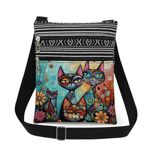 Geometric Floral Cat Print Women Crossbody Bag Adjustable Unisex Shoulder Bag with Zipper Closure Artistic Gift for Birthdays & Festive Celebrations Men Outdoor Travel Cat Purse