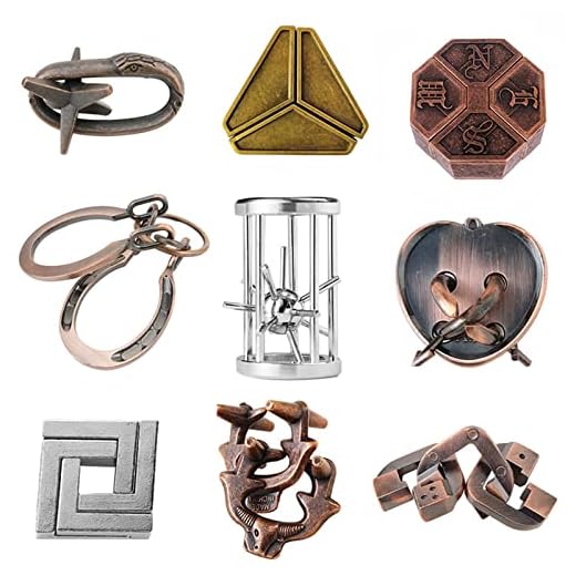 Holzsammlung 9 Piezas Rompecabezas Metal, Juegos de Ingenio Metal Puzzle, Juegos Logica Inteligencia Educativos IQ Puzzle Juguetes Metalicos Rompecabezas Regalo para Adultos Adolescentes