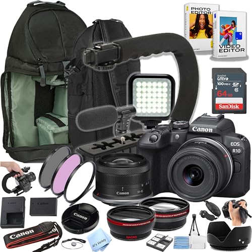 Image of Canon EOS R10 24.2MP Mirrorless Camera with 18-45mm Lens, 64GB Ultra Memory Card, Video Light, Microphone, Filters, U-Grip, Case, Lenses, Software and More (Content Creator Bundle (Renewed)