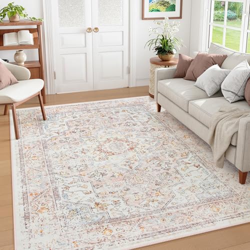 Lahome Boho Pink Washable Rugs 8×10,Soft Pink Rugs for Bedroom Girls,Large Nursery Rug Living Room Rugs 8×10,Vintage Oriental Non-Slip Low-Pile Accent Pastel Carpet for Playroom Home Office(8×10,Pink)
