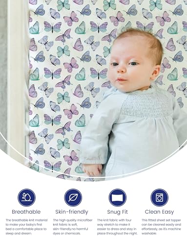 Image of TotAha Soft Crib Sheets Girl-Hypoallergenic, Silky Comfort, Buttery Soft, Calming Effect, Premium All-Season Jersey-Knit Sheets, 9'' Extra Deep Pocket, Purple Butterfly