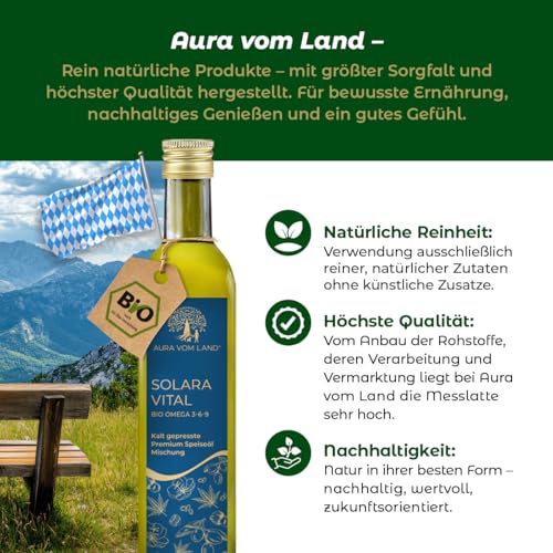 Aura vom Land Solara Vital 2x250ml Set – Exklusive Bio Omega 3-6-9 Öl-Mischung Kaltgepresst –Ausgewogenes Omega 3-6-9 Fettsäureprofil hochdosiert – Premium Speiseöl Vegan - Hergestellt in Bayern