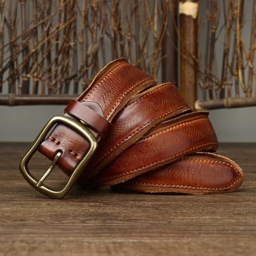 Handmade Stitched Retro Cowhide Embossed Belt 33mm Distressed Strap with Solid Brass Buckle for Work,Casual,Dress2