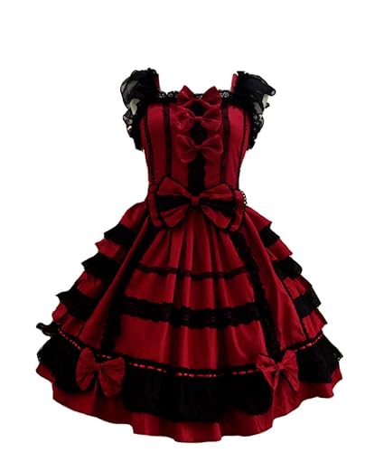 Smiling Angel Girls Sweet Lolita Dress Princess Lace Court Skirts Cosplay Costumes - Red - Large