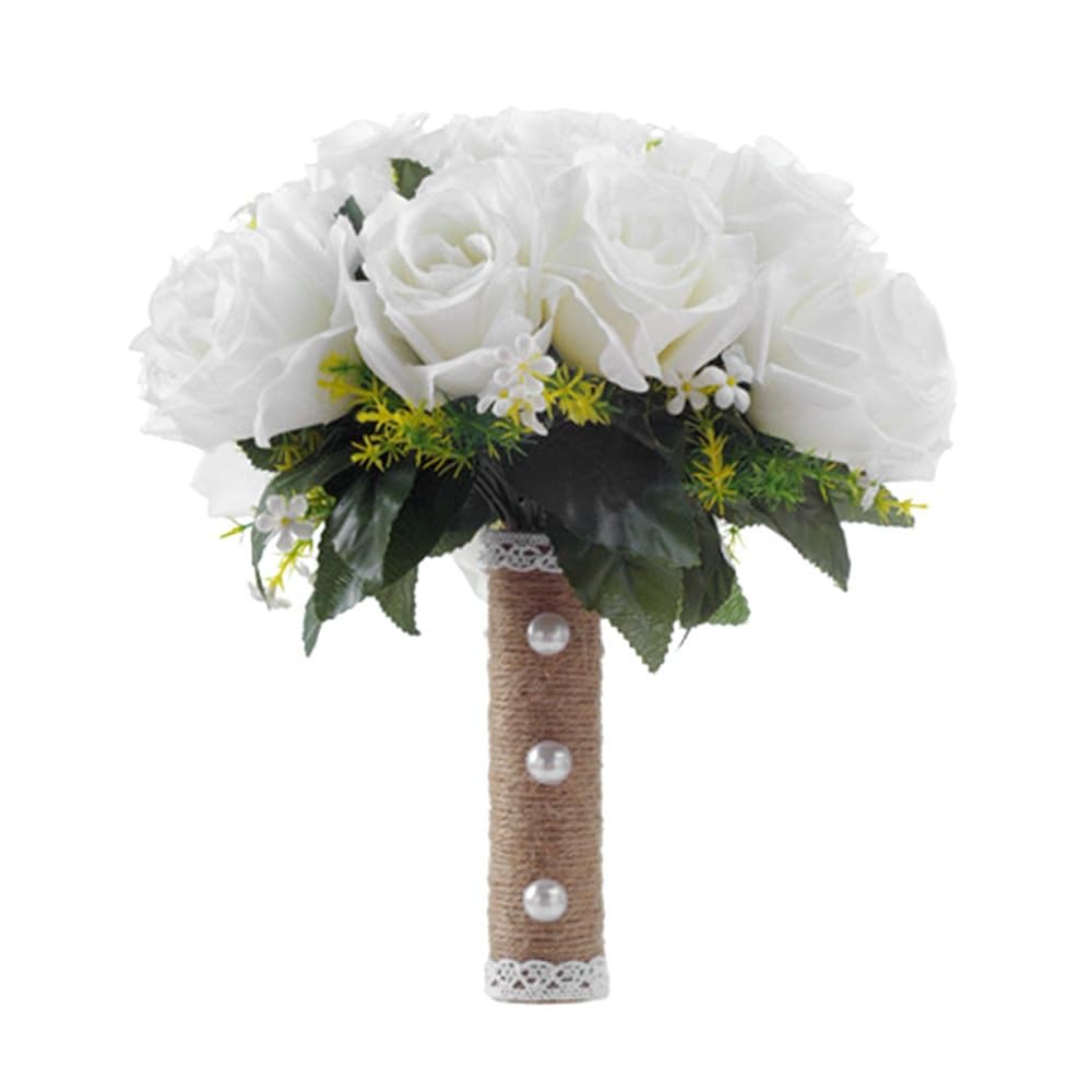 Huffa White Elegant Bride Wedding Simulation Flower Bouquet - Hand-Held Fake Floral Arrangement For Bridal Ceremony