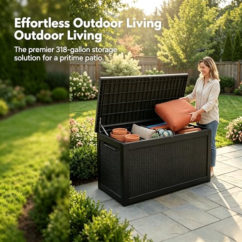 Image of 318 Gallon Large Resin Deck Box - Waterproof Outdoor Storage Chest for Patio Cushions, Garden Tools & Pool Supplies, UV-Resistant All-Weather Construction, Lockable Lid & Hydraulic Rods, Easy Assembly